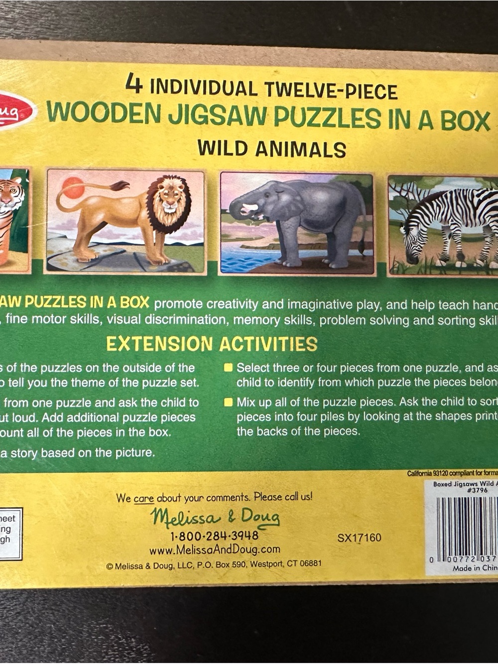Melissa & Doug Wooden Wild Animals Puzzle Box - Yellow, Green